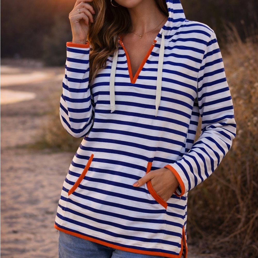 J. Crew Weekend Blue White Striped Hoodie Orange‎ Trim Cotton Pullover XS